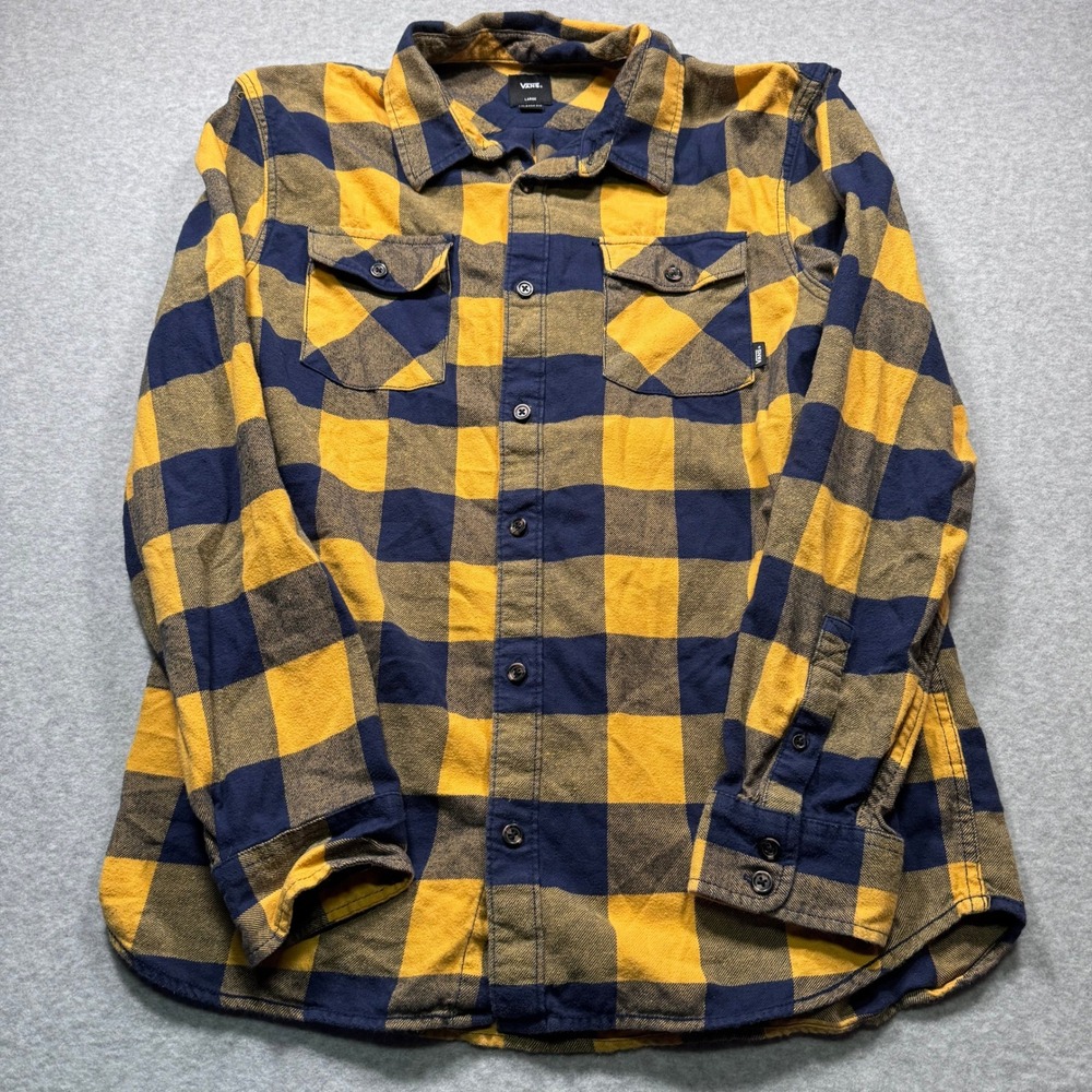 Vans Mens Large Classic Fit Flannel Shirt Yellow Navy Blue Buffalo‎ Plaid Skater